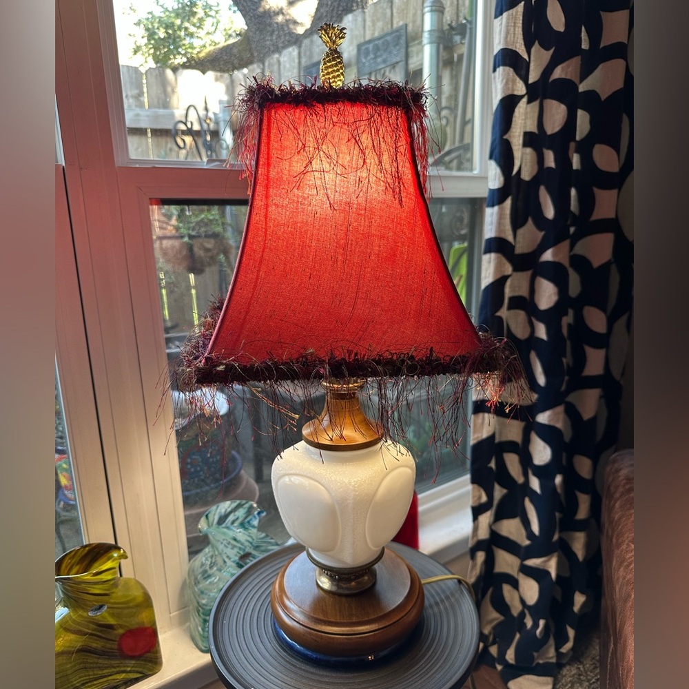 Vintage Milk Glass and Wood Table Lamp with Red Shade